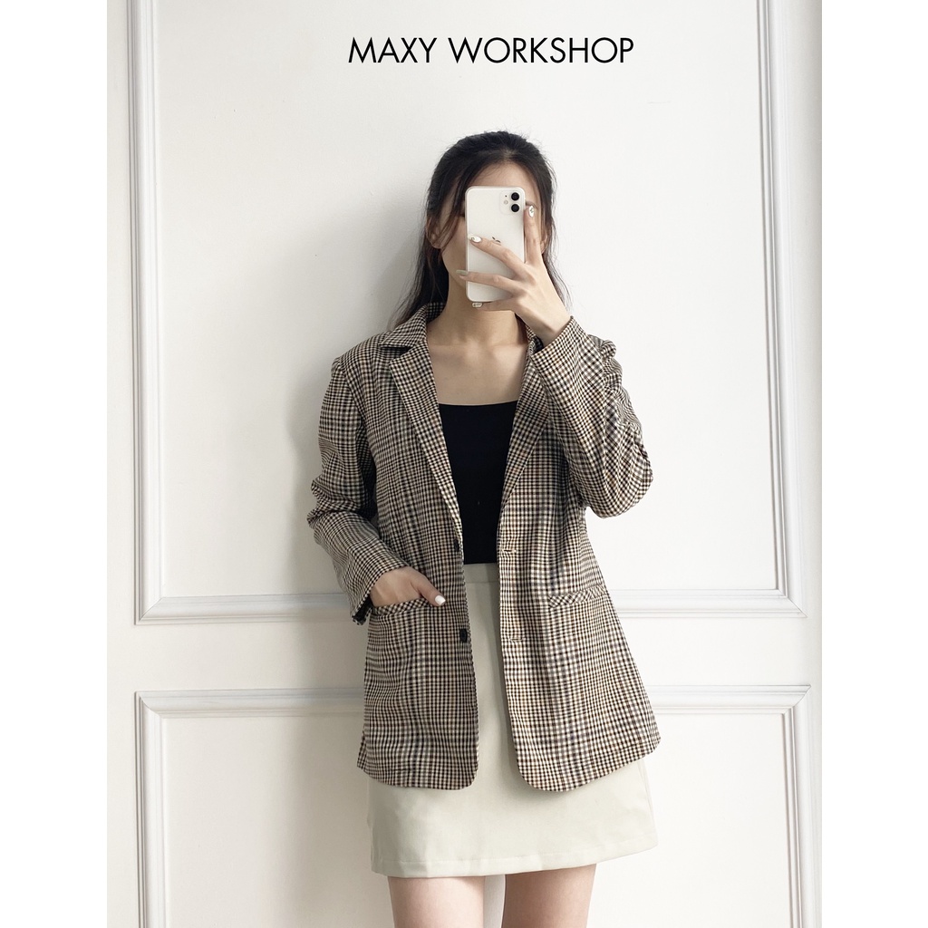 Áo khoác nữ công sở sọc nâu caro button blazer Maxy Workshop