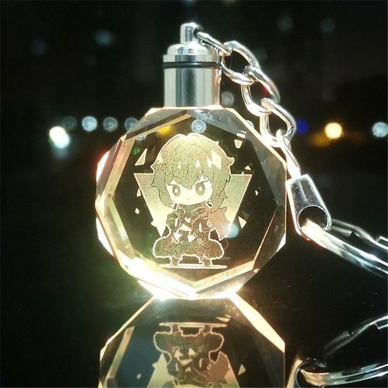 Mặt dây chuyền móc khóa pha lê LED đầy màu sắc họa tiết Genshin Impact Wendy Klee Keqing Qiqi 3 cm