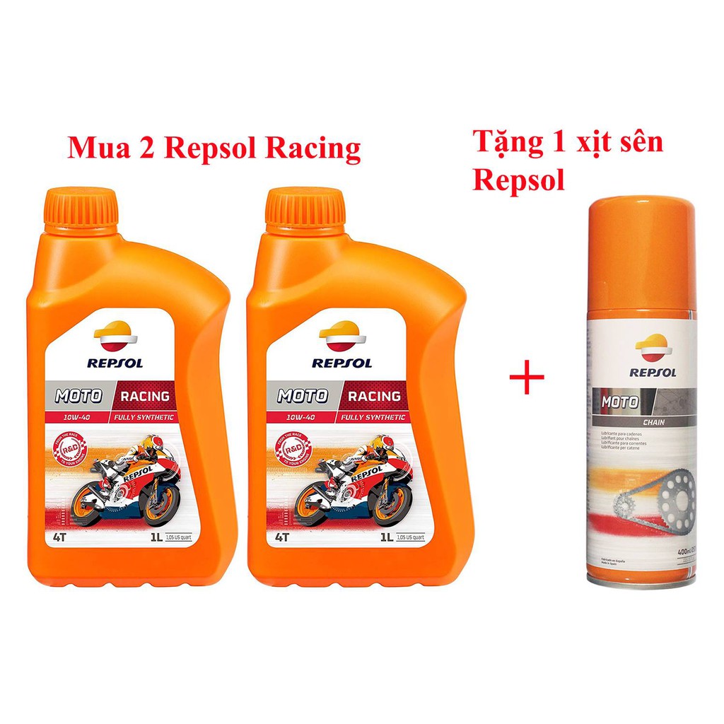 Combo 2 chai Dầu nhớt tổng hợp cao cấp xe số và xe tay côn Repsol Racing 10W-40 1L