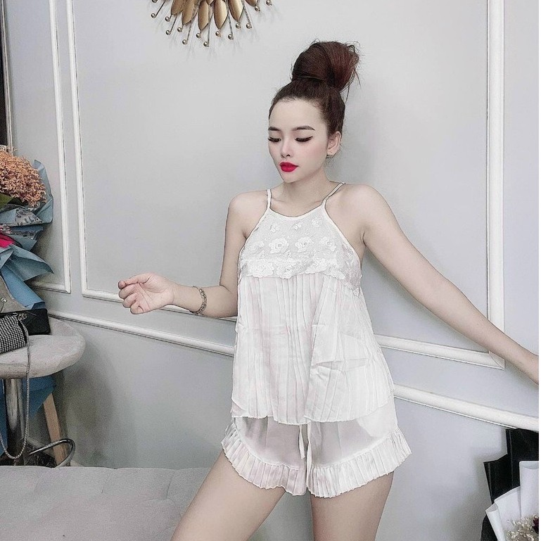Đồ ngủ sexy Laem Sleepwear - Set ngủ yếm lụa satin 2 dây dập ly phối ren freesize (ảnh thật +video) | BigBuy360 - bigbuy360.vn