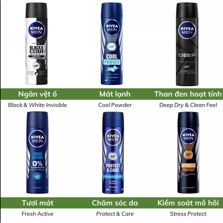 Xịt khử mùi nam Nivea Men 150ml - Silver Protect, Dry Impact, Invisible, Deep, Cool Powder, Cool Kick, Amazon, Dry...