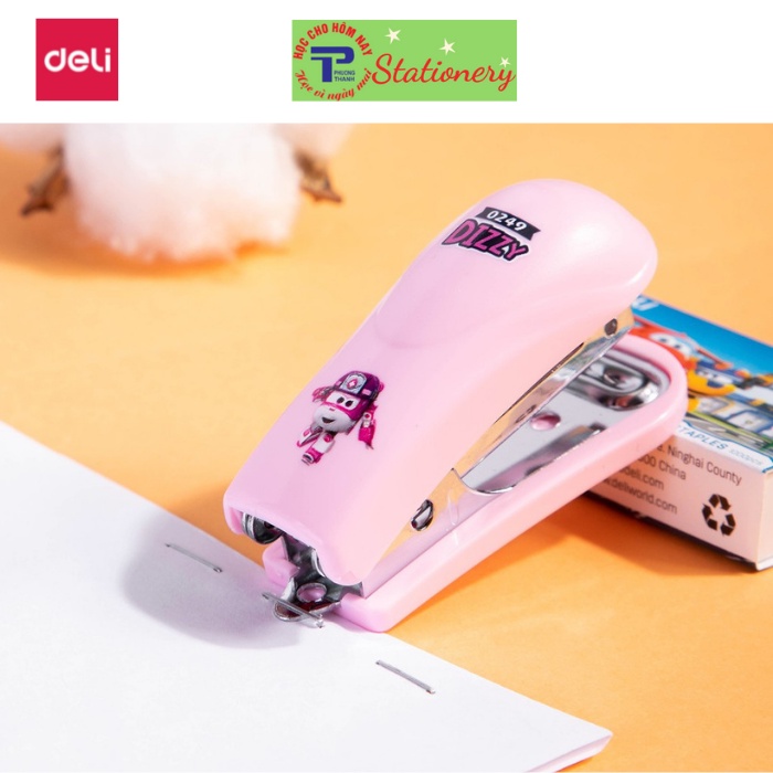 Dập ghim mini #10 Deli Superwings bao gồm hộp ghim Xanh - Hồng - Vàng E0249