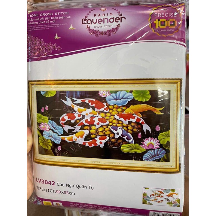 Tranh thêu chữ thập cá cửu ngư quần hội KT:99x55cm, tranh chưa thêu chưa khung, Tặng kéo và sỏ chỉ