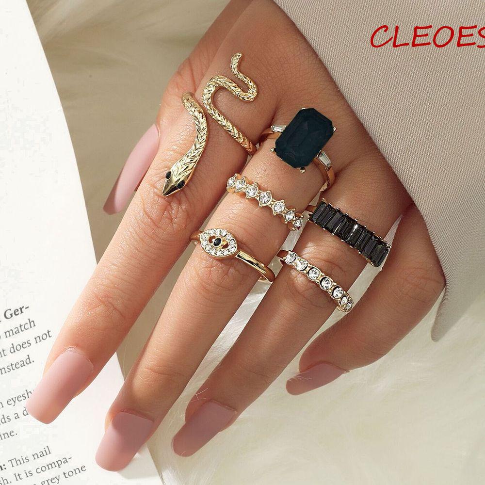 Bộ Nhẫn Đeo Khớp Ngón Tay Hình Rắn Bằng Hợp Kim Đính Đá Zircon Xanh Ngọc Cá Tính Có Thể Điều Chỉnh|Nhẫn Phong Cách Hàn Quốc