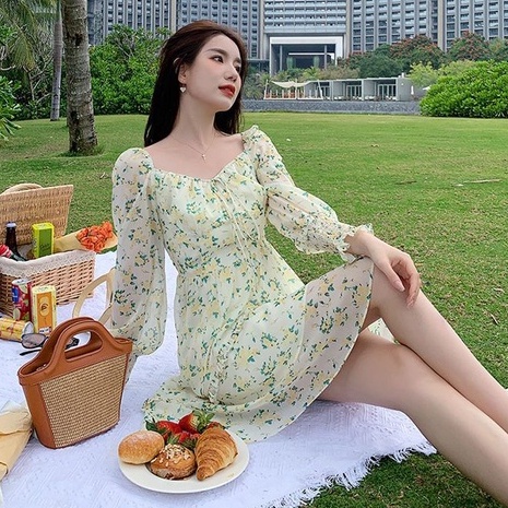 Hàng Mới Về Đầm Chữ a Tay Dài Phồng Cổ Vuông In Họa Tiết Hoa Thời Trang Dành Cho Nữ
