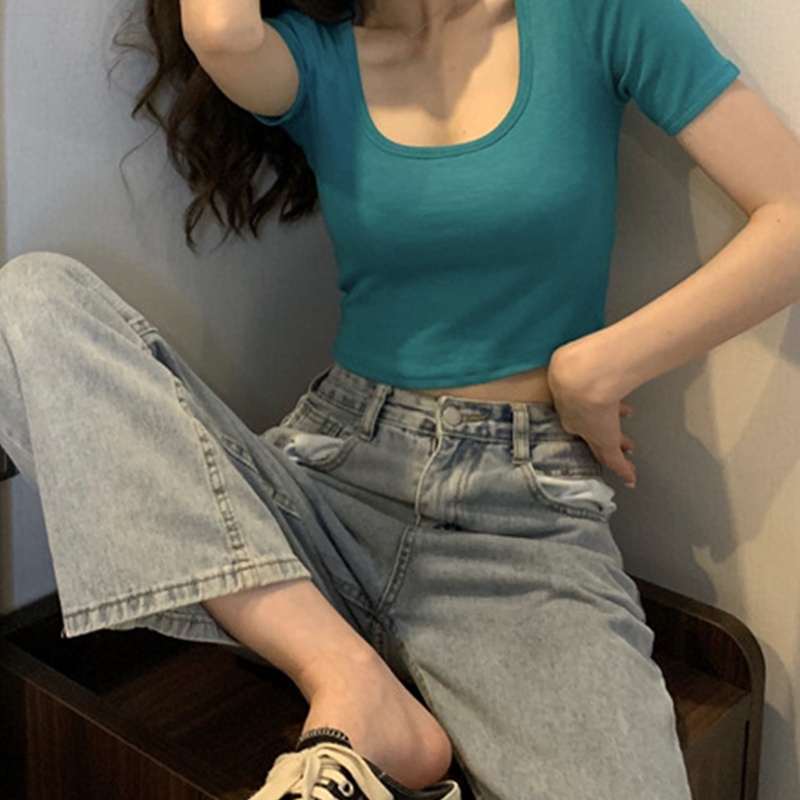 Áo Thun Ngắn Tay Cổ Vuông Màu Trơn Thời Trang Mùa Hè Cho Nữ
