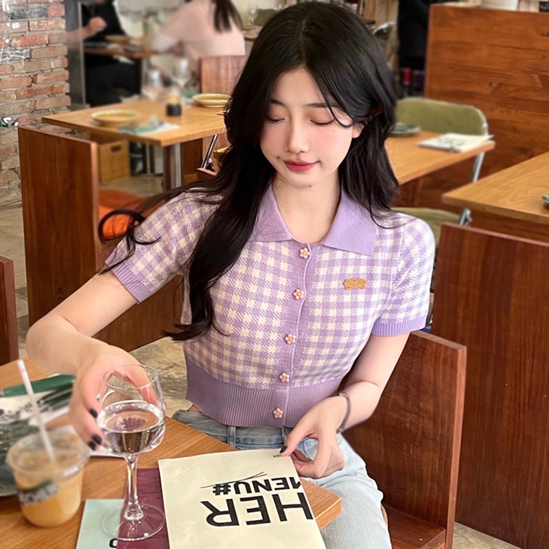 Áo Croptop Dệt Kim Tay Ngắn Cổ Polo Dáng Ôm Thời Trang Mùa Hè Quyến Rũ Cho Nữ