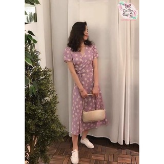 ĐẦM HOA CÚC TÍM CỔ ĐẮP CHÉO CỘT DÂY EO XẺ TÀ - HÌNH CHỤP THẬT
