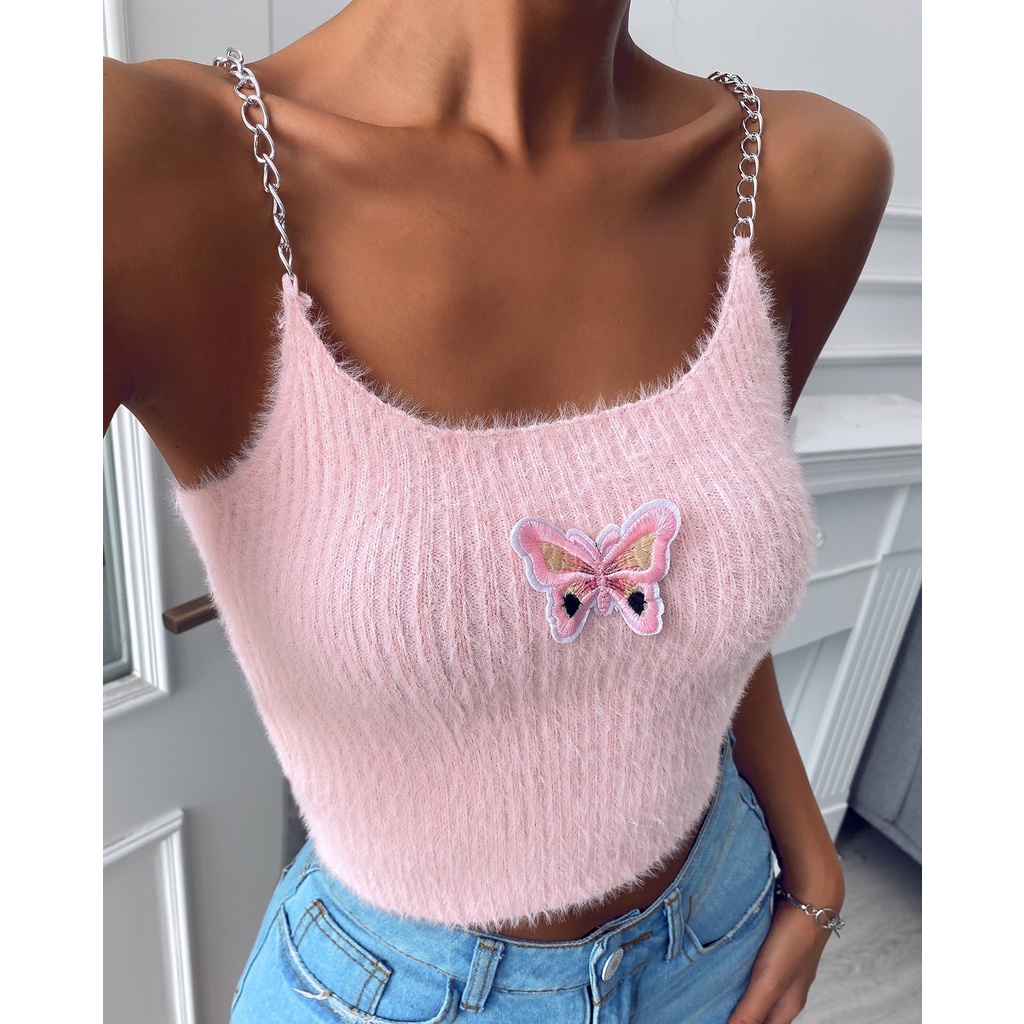 DUNEA Áo Hai Dây Vải Lông Cừu Thêu Hình Bướm Xinh Xắn Cho Nữ