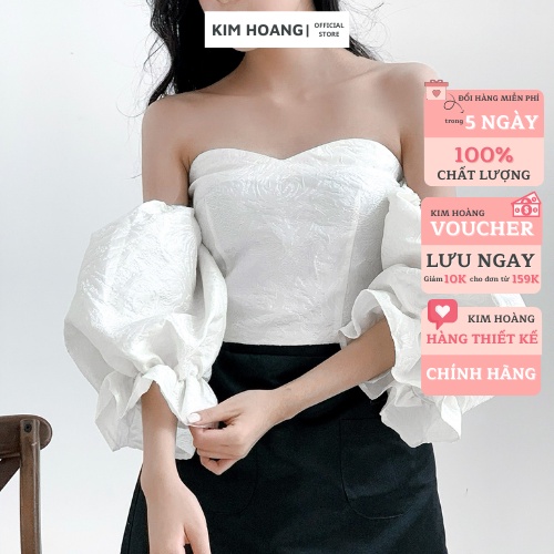 Áo Trễ Vai Bánh Bèo màu Trắng VÂN GẤM Kim Hoàng Clothing Áo Tay Bèo có chun co giãn