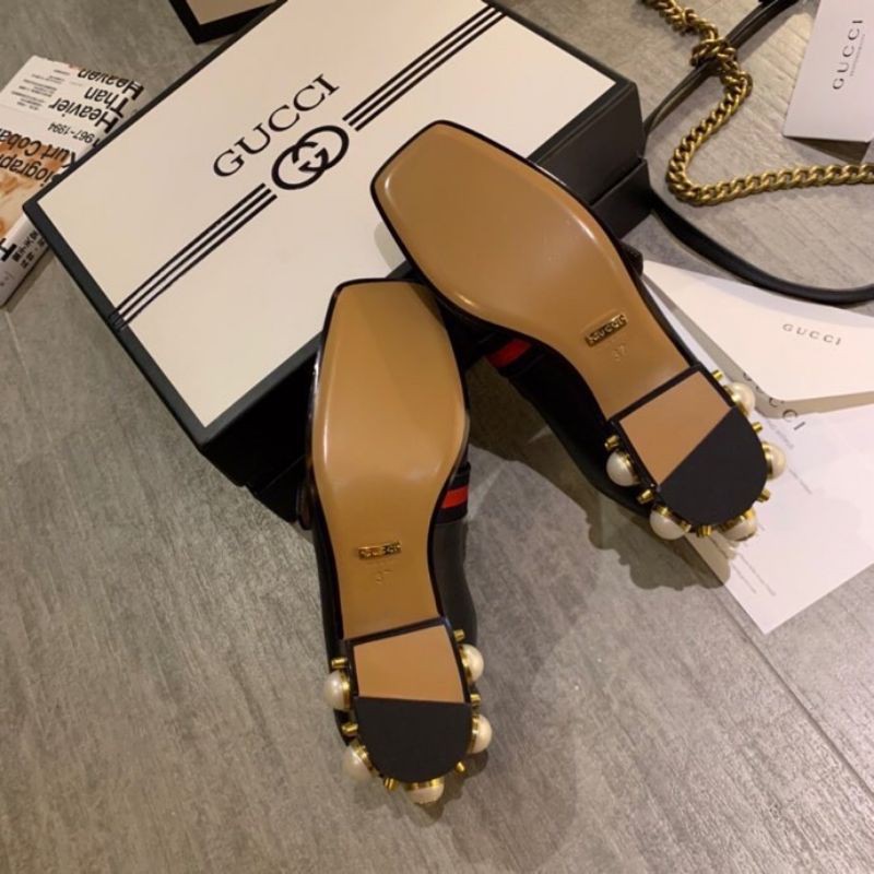 giày loafer nữ da thật mũi vuông quai logo GG đế 2cm đính hạt ngọc Gucci GC