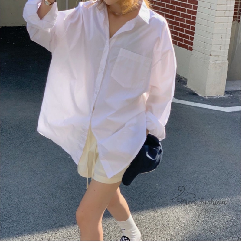 Áo sơmi basic dáng oversize phong cách Hàn Quốc