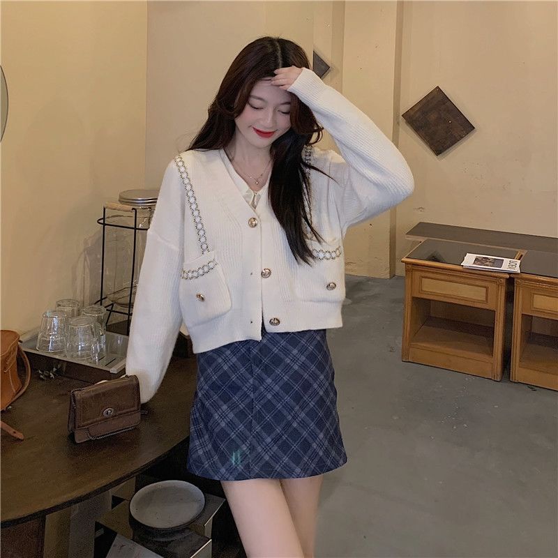 Áo Cardigan Dệt Kim Tay Dài Cổ Chữ V Dễ Phối Đồ Thời Trang Cho Nữ