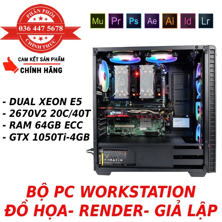 BỘ PC WORKSTATION ĐỒ HỌA - RENDER - GIẢ LẬP DUAL XEON E5-2670v2 / 64GB / 256GB / VGA GTX1050Ti 4GB