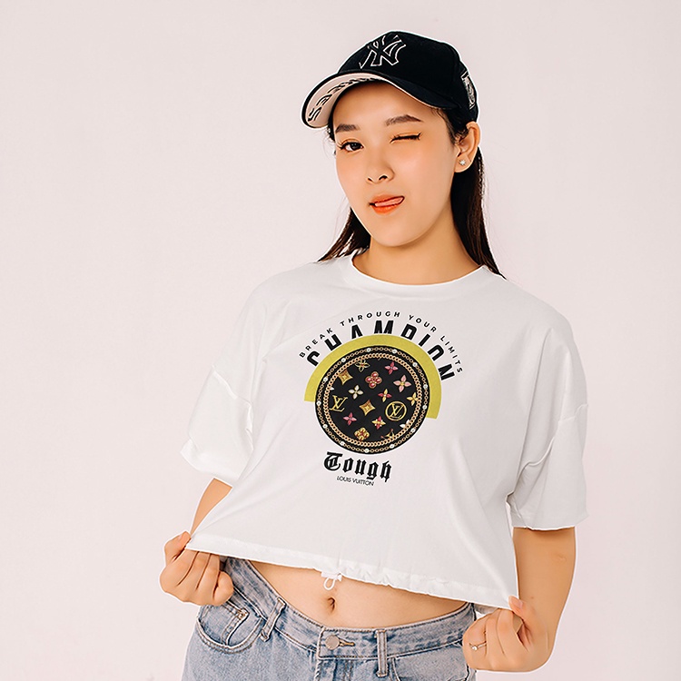 Áo Croptop Tay Lỡ In Hình LC Circle cổ tròn 100% Cotton cao cấp vải dày mịn không xù lông