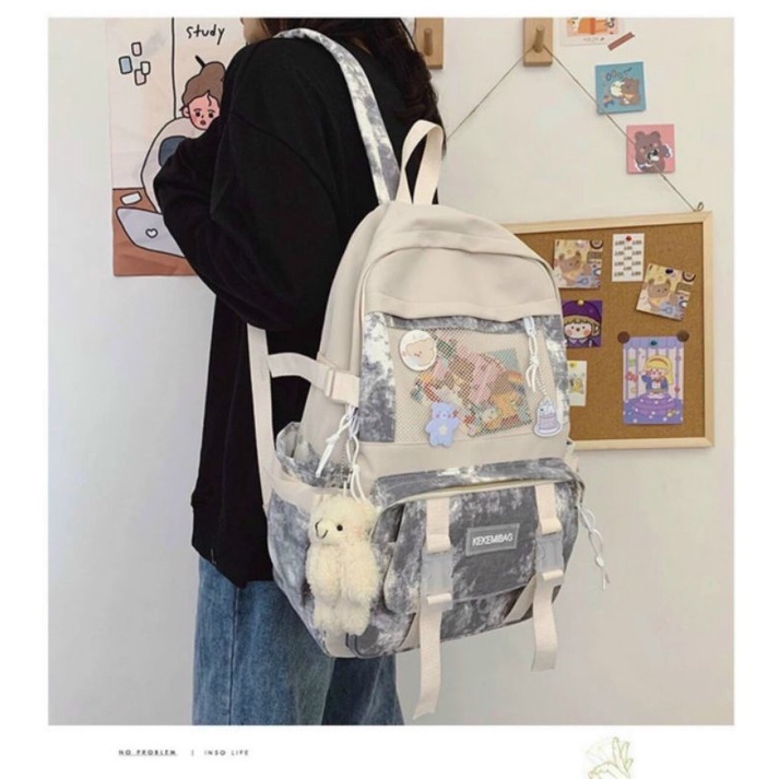 Balô học sinh QCL1 chất vải Canvas kèm móc thú và stickers