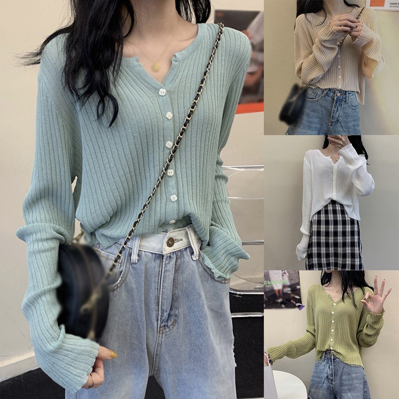 Áo Khoác Cardigan Dệt Kim Tay Dài Cổ Chữ V Màu Trơn Hợp Thời Trang Cho Nữ