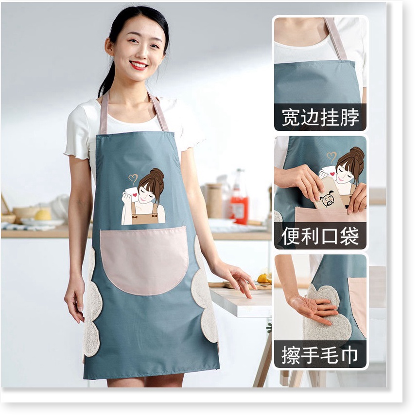 MVP2372 Tạp dề nhà bếp chống thấm nước, chống dâu, có lau tay và túi đựng hình cô gái