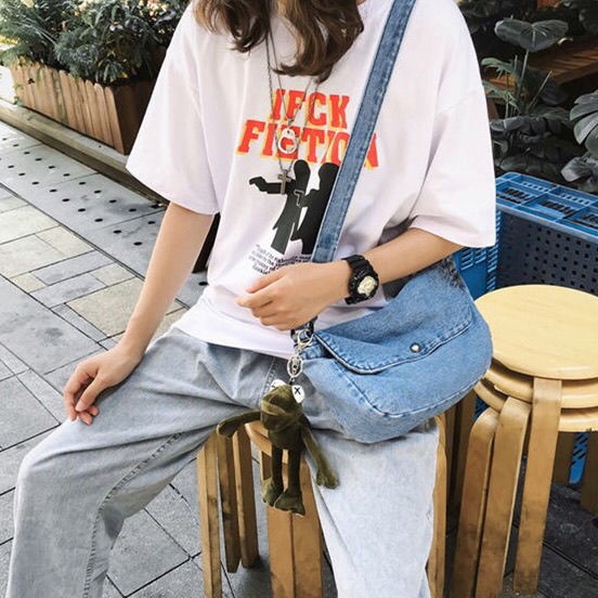Túi Đeo Chéo Vải Denim Hình Trụ 3 Kiểu Tùy Chọn