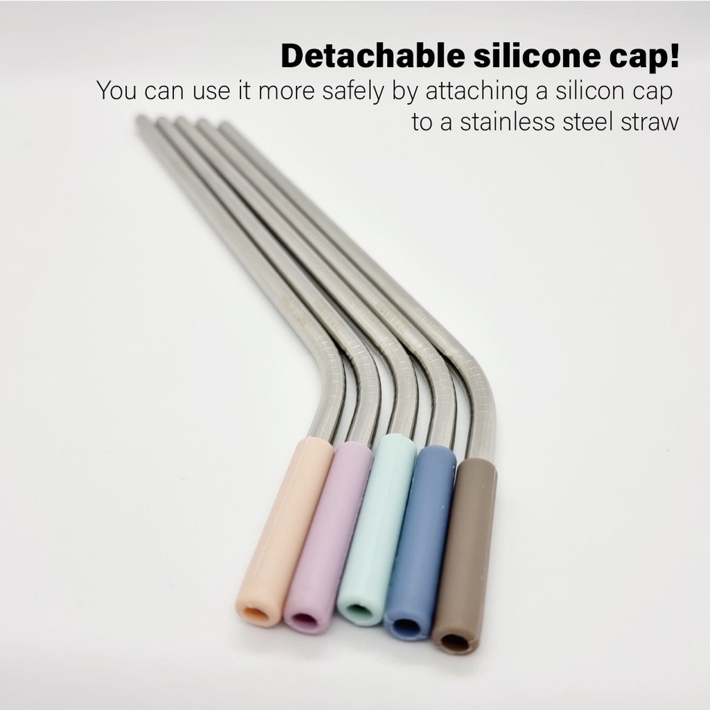Ống Hút Bằng Thép Không Gỉ 5P + Nắp Silicone 5P + Cọ Vệ Sinh 1P Loại Thẳng / Bent