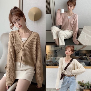 Áo Cardigan Len Móc 1 Khuy Tay Phồng Dáng Ngắn