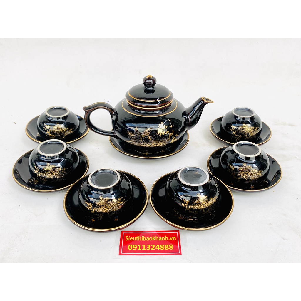 Bộ ấm chén men đen họa tiết Vinh Hoa Phú Quý Bát Tràng 350ml