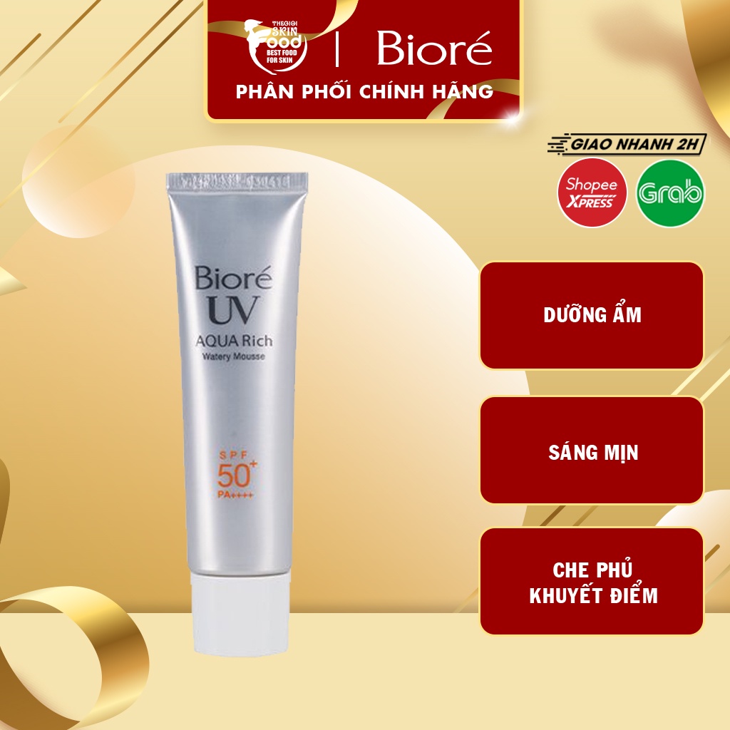 Kem Chống Nắng Dưỡng Ẩm, Lót Trang Điểm Cho Da Sáng Mịn Bioré UV Aqua Rich Watery Mousse Water Base SPF 50+/PA++++ 33g