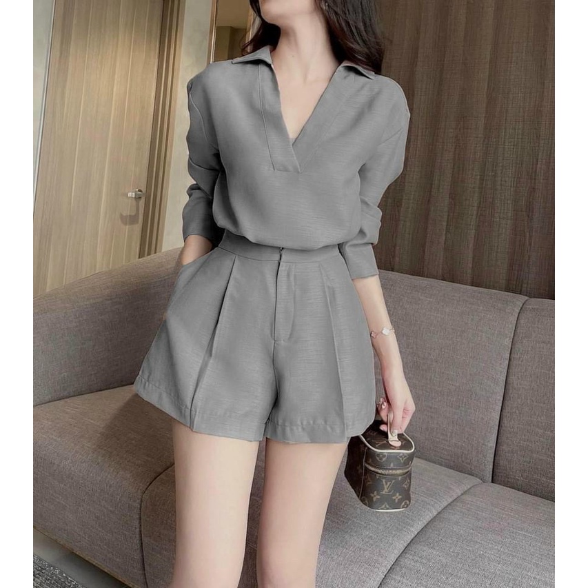 Sét bộ thời trang nữ áo sơ mi cổ V tay dài phối quần đùi đa dạng màu sắc (Hồng, Xám, Vàng, Nâu).