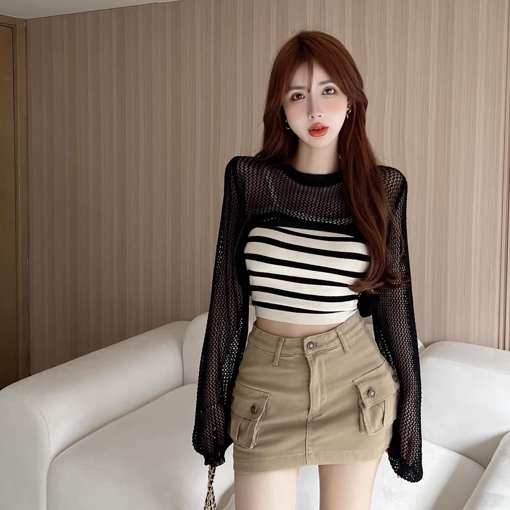 SUXI Áo Croptop Dệt Kim Chống Nắng Dáng Ôm Họa Tiết Kẻ Sọc Thời Trang Mùa Hè Cho Nữ