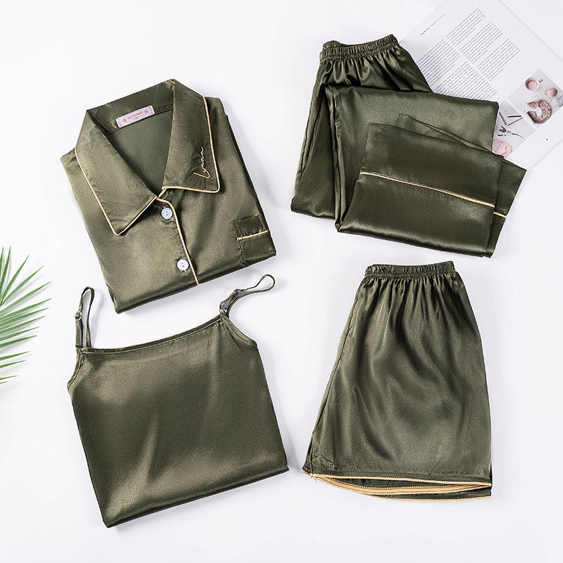 Bộ Đồ Ngủ 4 Món Vải Satin Màu Sắc Nhã Nhặn Dành Cho Nữ