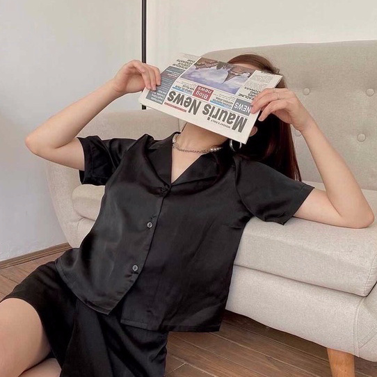 Áo sơ mi lụa khuy trước cổ vest pyjama dáng ngắn cộc tay Mia Ritta A2084 ảnh thật feedback