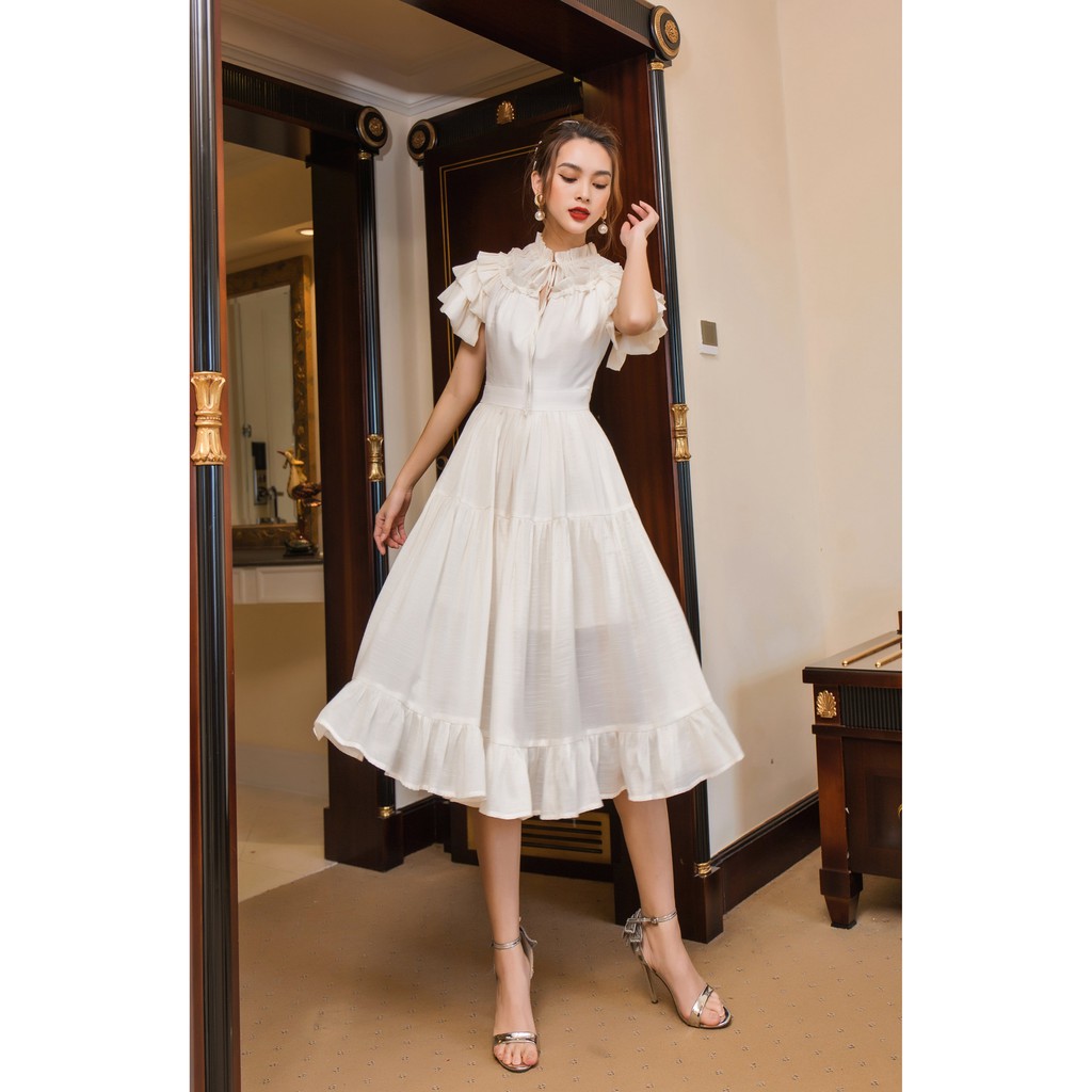 [Mã SKAMSALEP6 giảm 10% tối đa 100K đơn 150K] SÒ VINTAGE - AROMI Đầm xoè tay cánh tiên bèo cổ