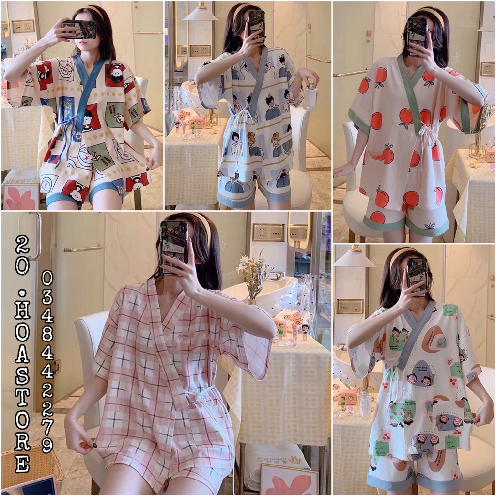 Set Đồ Nữ Pyjama Ngắn Tay Hoạt Hình Có Dây Buộc 5 màu - Bộ ngủ KIMONO thắt eo Cậu bé Quả đào - Yukata Kẻ hồng Cặp đôi