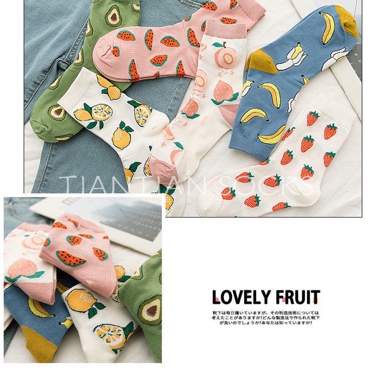 Vớ Cotton  Tất vớ nữ cổ cao họa tiết trái cây hoạt hình phong cách Harajuku Nhật Bản đáng yêu T007