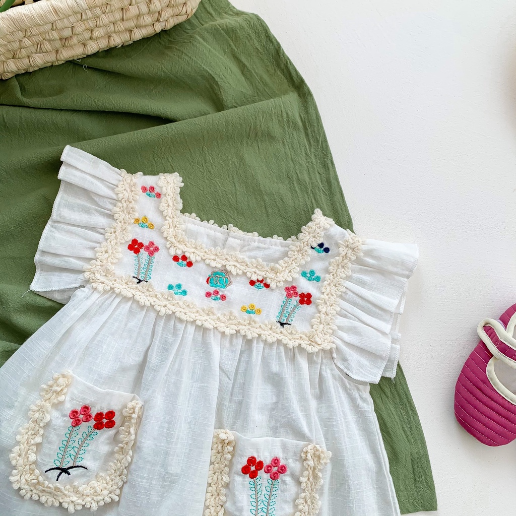 Đầm Công Chúa Mùa Hè Không Tay Bằng Vải Cotton In Hoa Đáng Yêu Cho Bé Gái