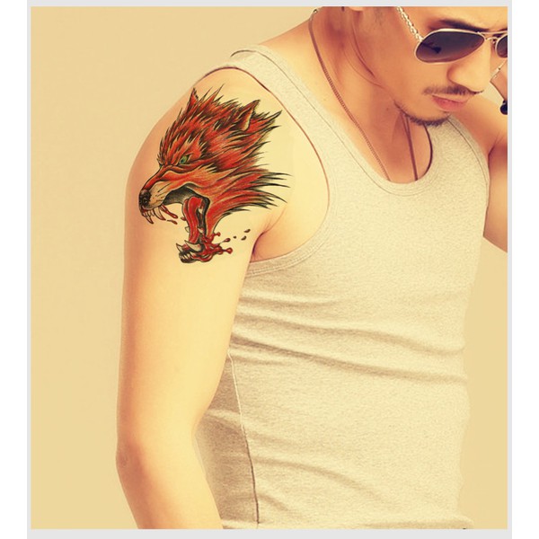Hình xăm dán nam tatoo đầu sói kích thước 15 x 21 cm