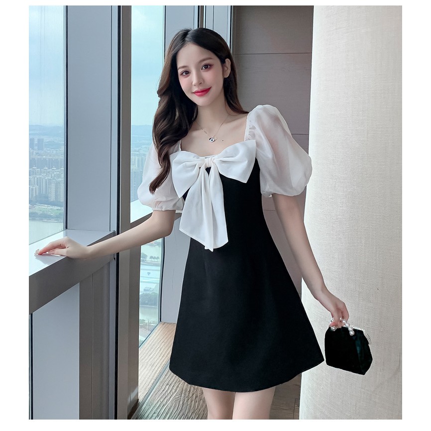 Váy Đầm Nơ Bản To Tay Trắng Xinh Xắn Chào Hè
