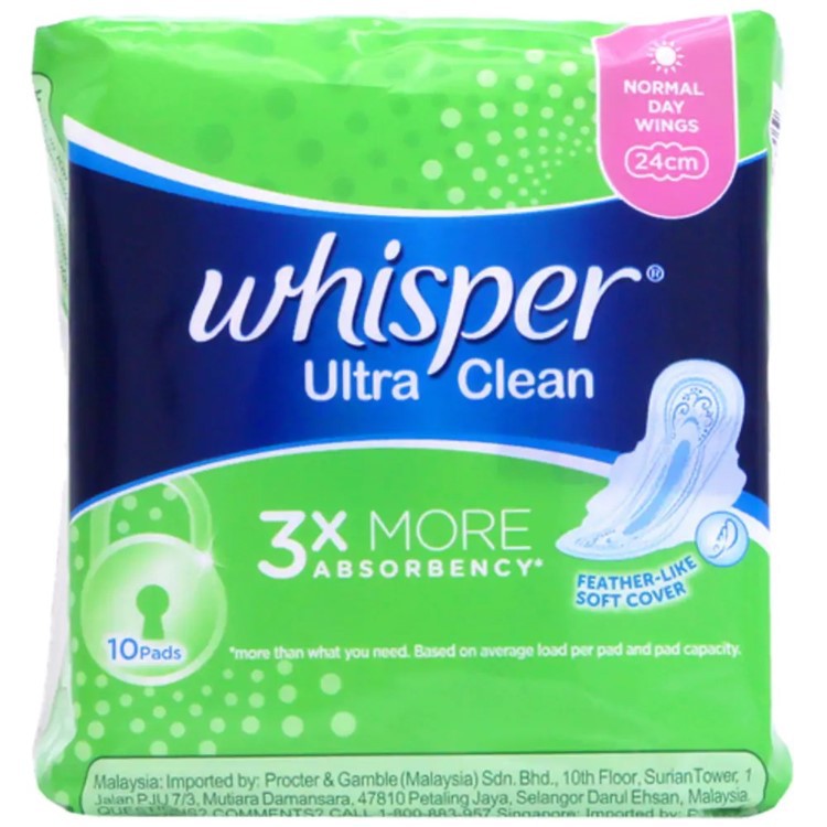 Băng vệ sinh Whisper Ultra Clean siêu mỏng, có cánh, ngày thường (10 miếng)