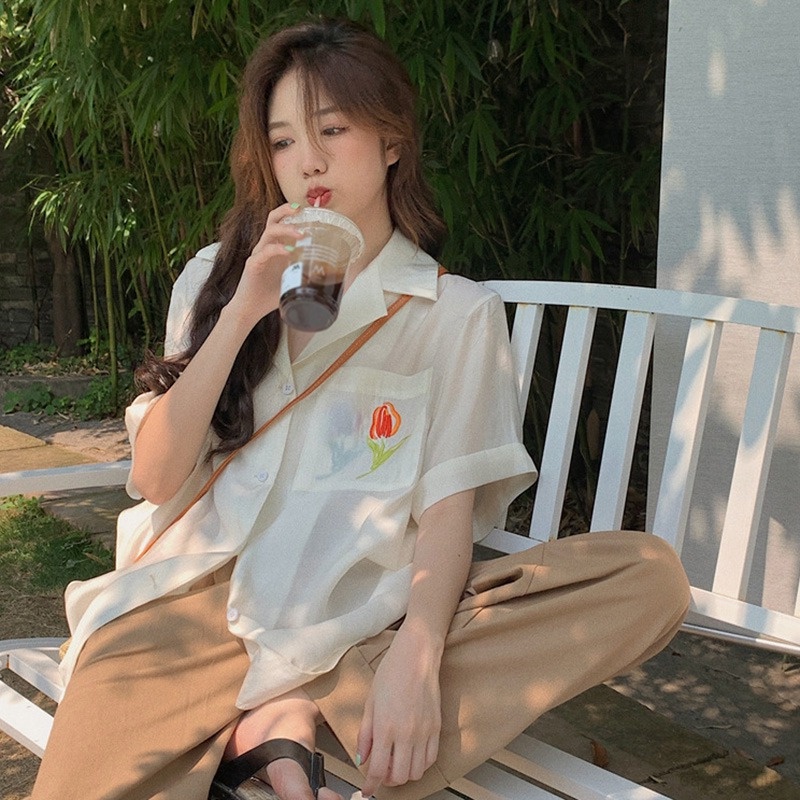 Áo Sơ Mi Chống Nắng Tay Ngắn Cổ Bẻ Dáng Rộng Thêu Hoa Hồng Thời Trang Mùa Hè Hàn Quốc Cho Nữ