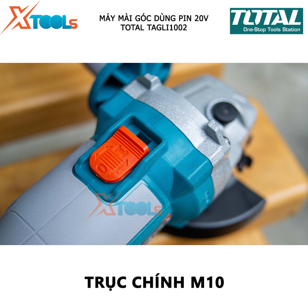 Máy mài góc KHÔNG CHỔI THAN TOTAL, điện thế 20V, đĩa cắt 100mm, cốt M10, kèm 2 pin 4.0AH và cục sạc - có bán lẻ thân máy