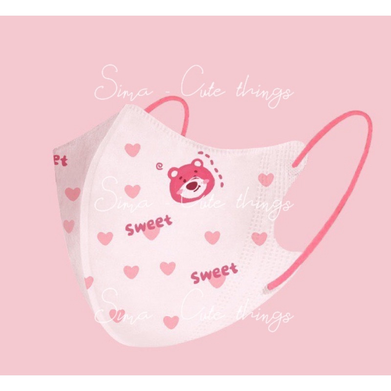 Khẩu trang hồng 3D họa tiết gấu dâu Lotso siêu dễ thương
