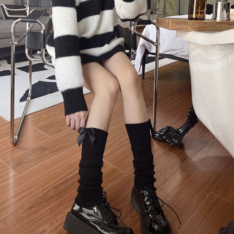 Tất ống chân dệt kim giữ ấm đính nơ phong cách lolita Nhật Bản cho nữ