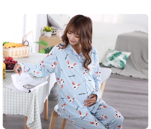 Đồ bộ bầu pijama bà bầu và sau sinh cho con bú ti dài tay thu đông có bigsize 80kg B103