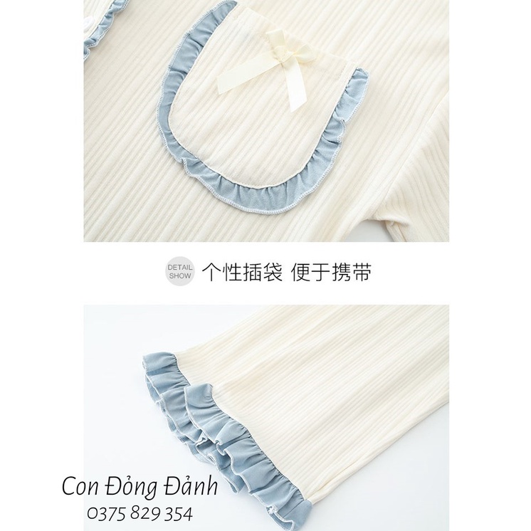 ĐỒ NGỦ NỮ dài tay GẤU ĐÁNG YÊU thắt nơ bèo nhún phong cách Hàn Quốc 2021 DN017 (Chất thun cotton mềm) | BigBuy360 - bigbuy360.vn
