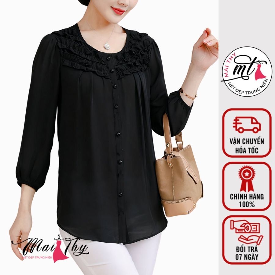 Áo Trung Niên Nữ MT355, Kiểu Áo Trung Niên Tay Lỡ Cổ Bèo Đính Nhiều Nút Đẹp Trang Nhã - Thời Trang Trung Nữ BigSize