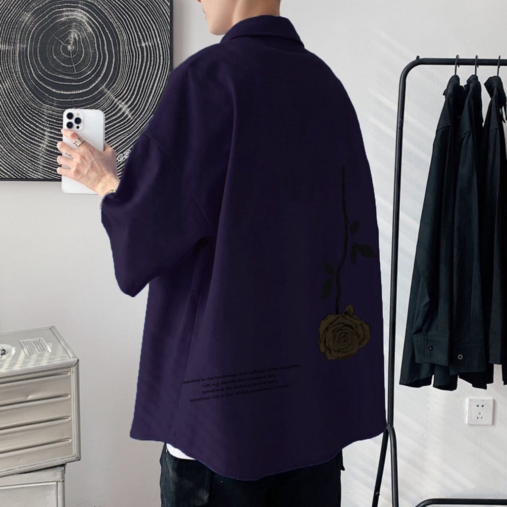Sơ mi from rộng tay lỡ unisex nam nữ , sơ mi nam nữ vải voan lụa mịn mát free size 40kg - 70kg in hoa hông ngược