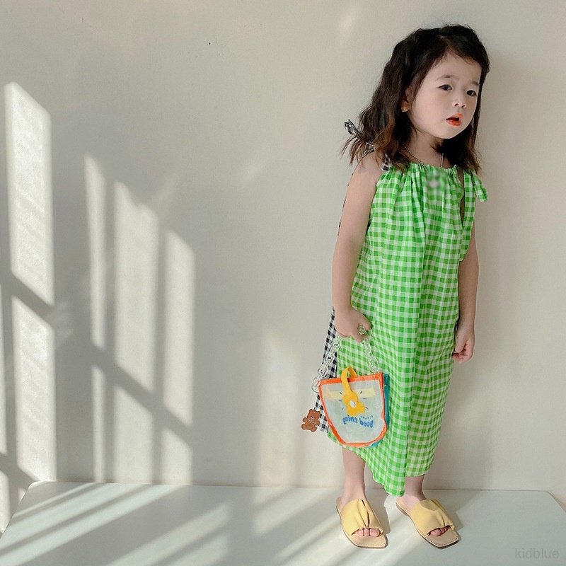 Đầm Dài Cột Dây Họa Tiết Kẻ Sọc Caro Trước Sau Thời Trang Mùa Hè Phong Cách Phương Tây Dễ Thương Cho Bé Gái