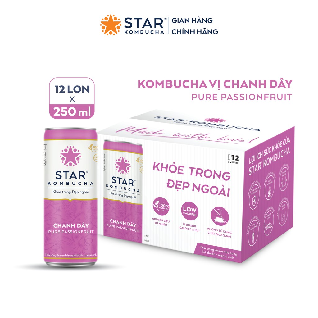 Thùng 12 lon thức uống lên men STAR KOMBUCHA Chanh Dây / Pure Passionfruit (250ml/lon)