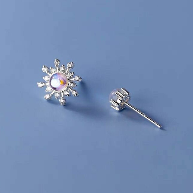 Bông tai bạc đá Moonstone nhân tạo hình hoa tuyết, bông tai bạc nữ Blackmeo