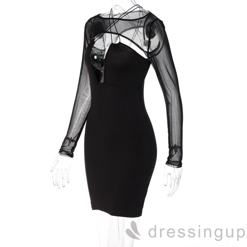 Set áo lưới cổ tròn tay dài kèm đầm dây hở lưng màu đen đơn giản dành cho nữ